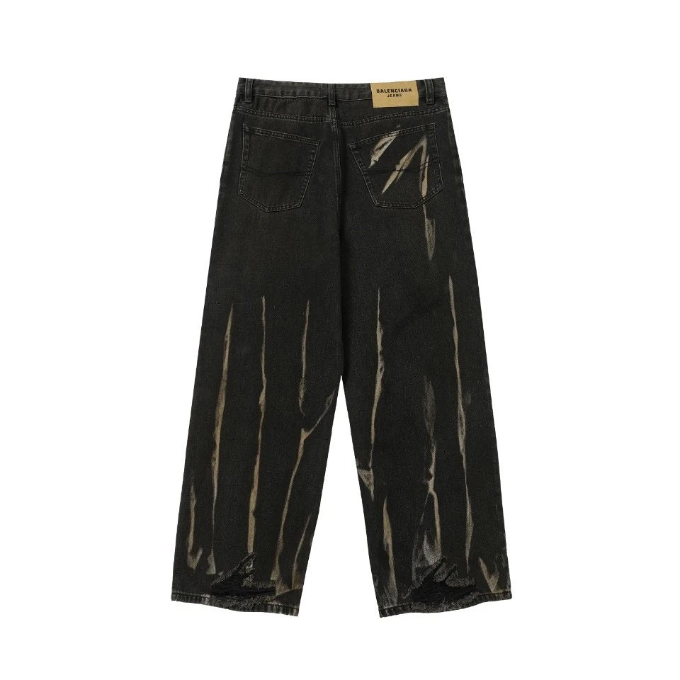 Balenciaga Jeans Freedom Goddess Black Heavy Washed Spray Fabric Tie Rope Wide Leg Jeans Straight Long Pants Unisex