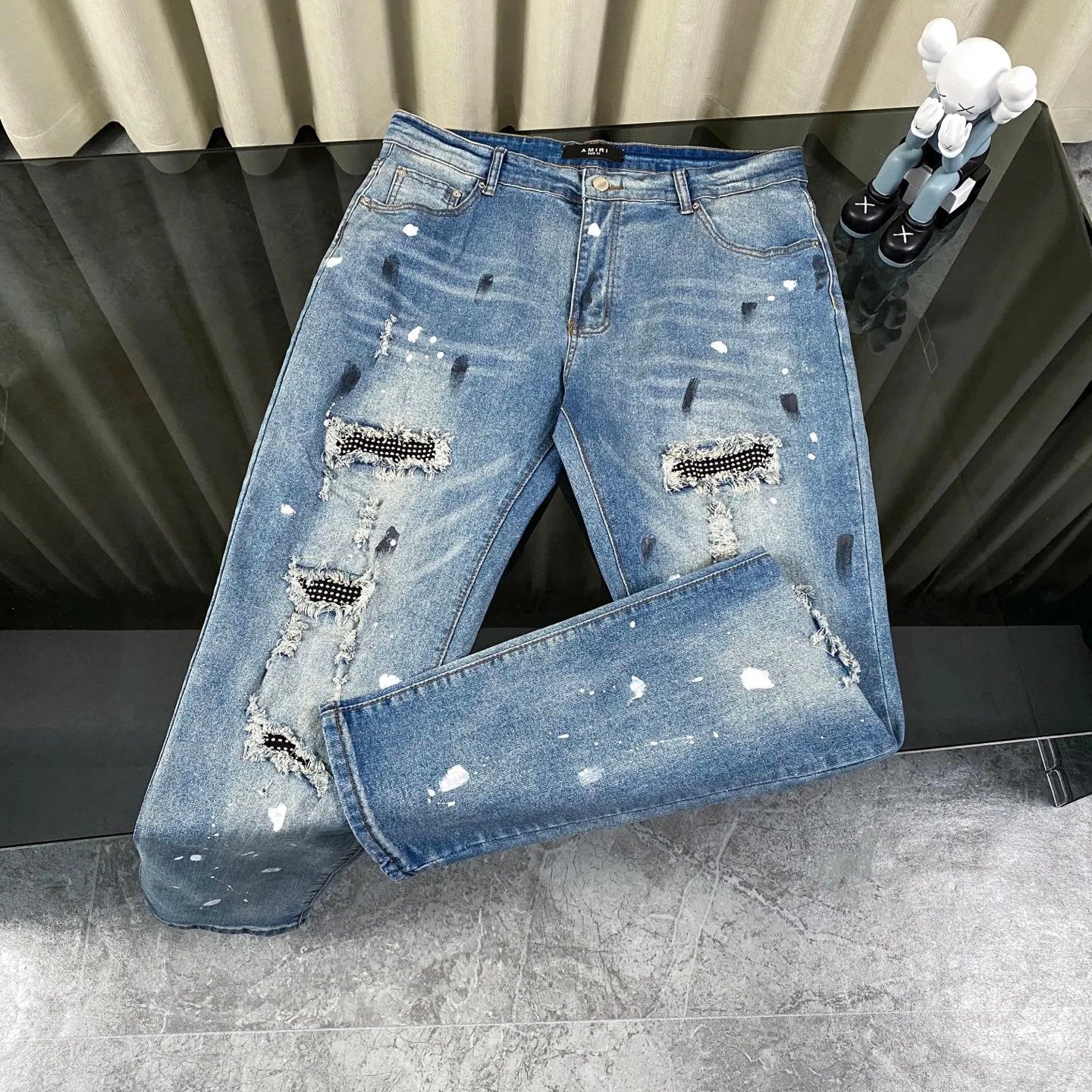Amiri Jeans Pre-Torn Ink Splash Patch logo25ss Spring Summer New Straight Slim Fit Jeans Unisex Loose Fit Long Pants