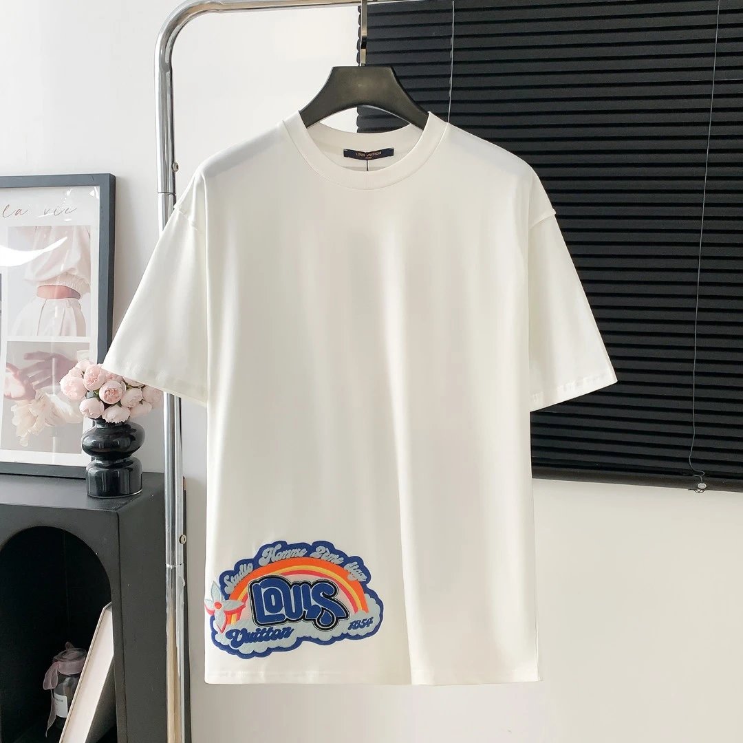 Louis Vuitton LV T-shirt Rainbow Embroidery logo round Neck Short Sleeve25ss New Pure Cotton Unisex Style T T-shirt OS Loose Fit Base Shirt Top Half Sleeve T-Shirt