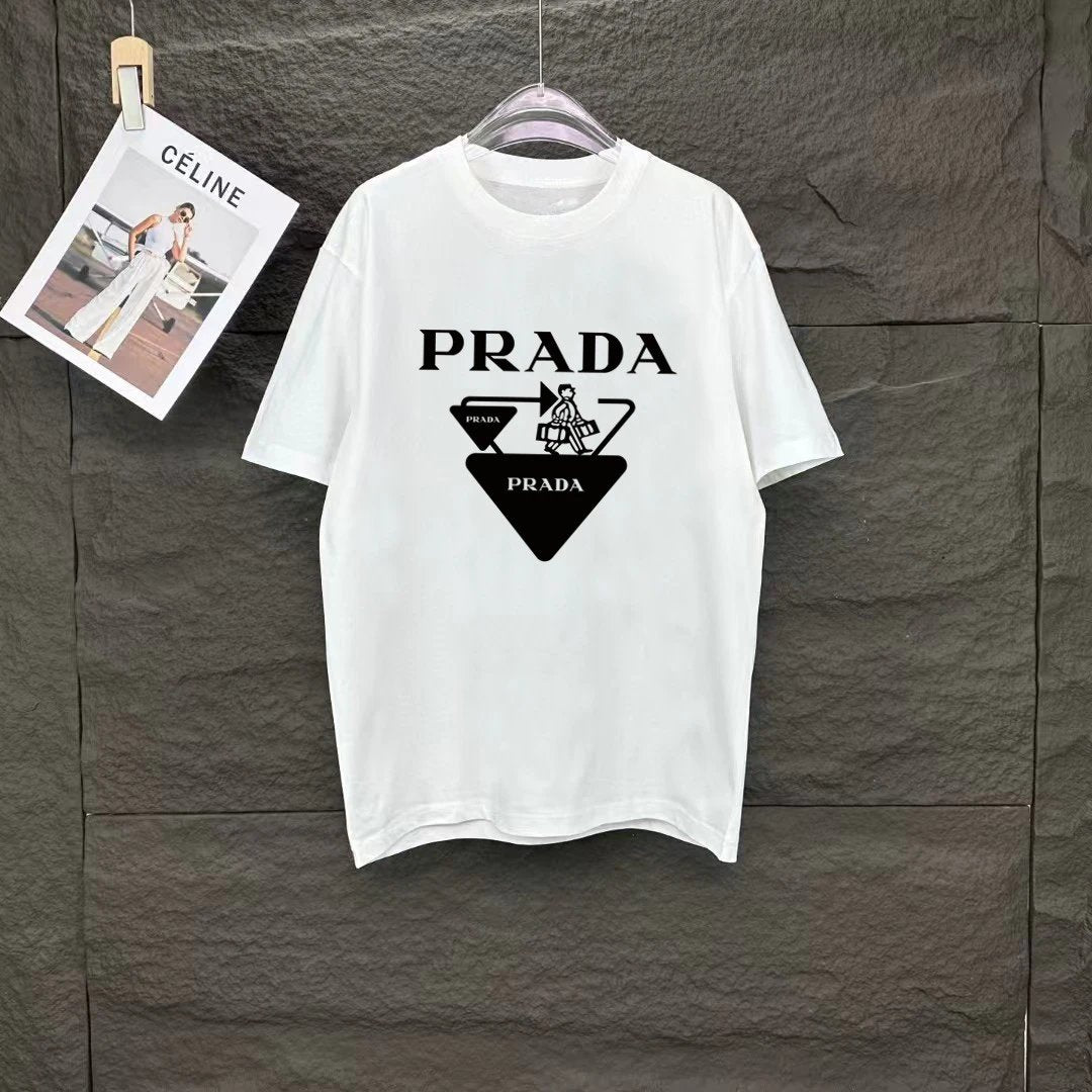 PRADA T-shirt Chest Overlapping Triangle Pattern Print logo round Neck Short Sleeve25ss New pure cotton T Unisex T-Shirt OS Drop Shoulder Loose Fit Base Shirt Top T-Shirt Short Sleeve