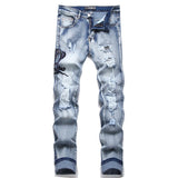 Amiri Jeans New Foreign Trade Style Fashion Blue with Holes Paste Cloth Embroidery Elastic Mid-Waist Feet Men's Jeans