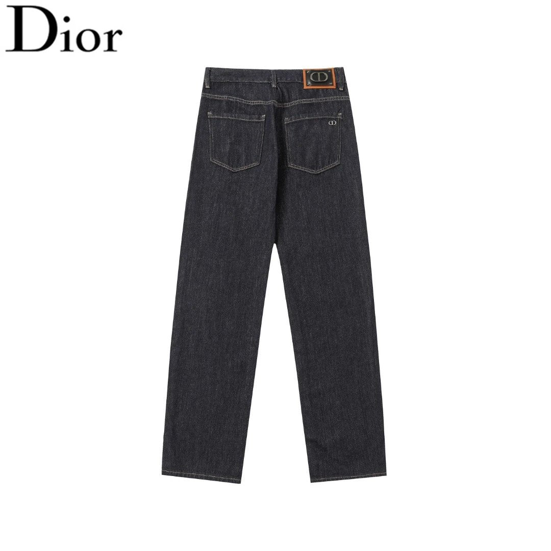 Dior Jeans Back Waist Leather Tag logo Straight Washed Blue Jeans Autumn Winter New Unisex Loose Casual Wide Leg High Waist Pants