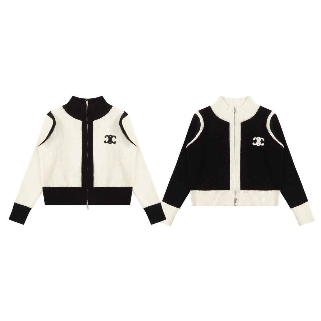 Celine Jackets 3ss Arc de Triomphe Black and White Color Block Short Zipper Knit Cardigan Coat for Women Same Style Outerwear Long Sleeve Soft Lazy Style OS Loose Fit Thickened Versatile Casual Wear for Both Inner and Outer Layering