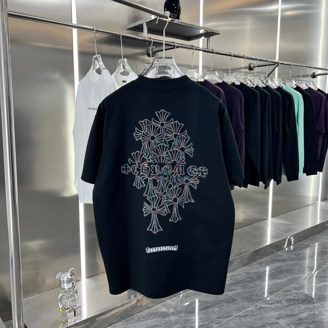 Chrome Hearts T-shirt Embroidery logo Horseshoe Flower Round Neck Short Sleeve Pure Cotton Unisex T Shirt Bottoming Shirt OS Loose Fit T-Shirt