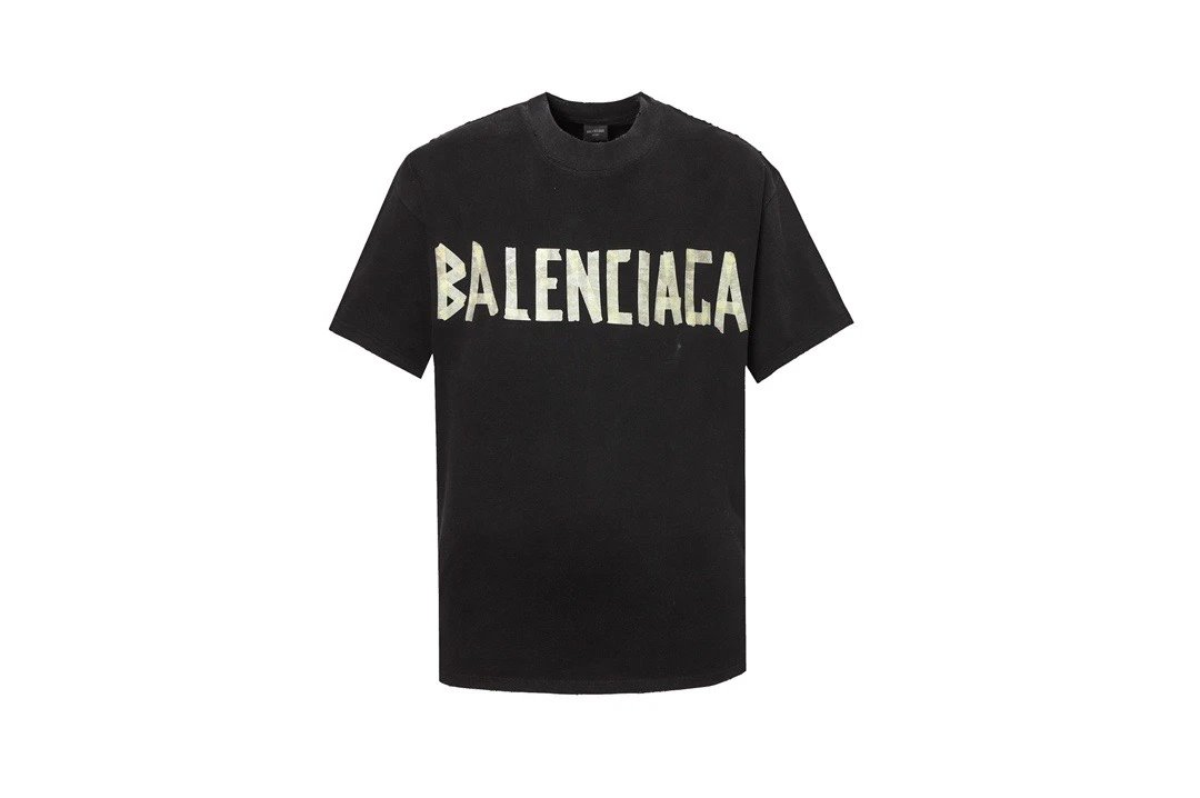Balenciaga T-shirt Holed Back Yellow Tape Print logo Round neck short-sleeve pure cotton T T-shirt OS Loose Fit Unisex Summer New Casual Base Shirt Simple T-Shirt