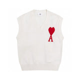 Ami Sweater Top Version Autumn and Winter New Red Heart Letter Collar Sleeveless Sweater Vest Men and Women Same Style