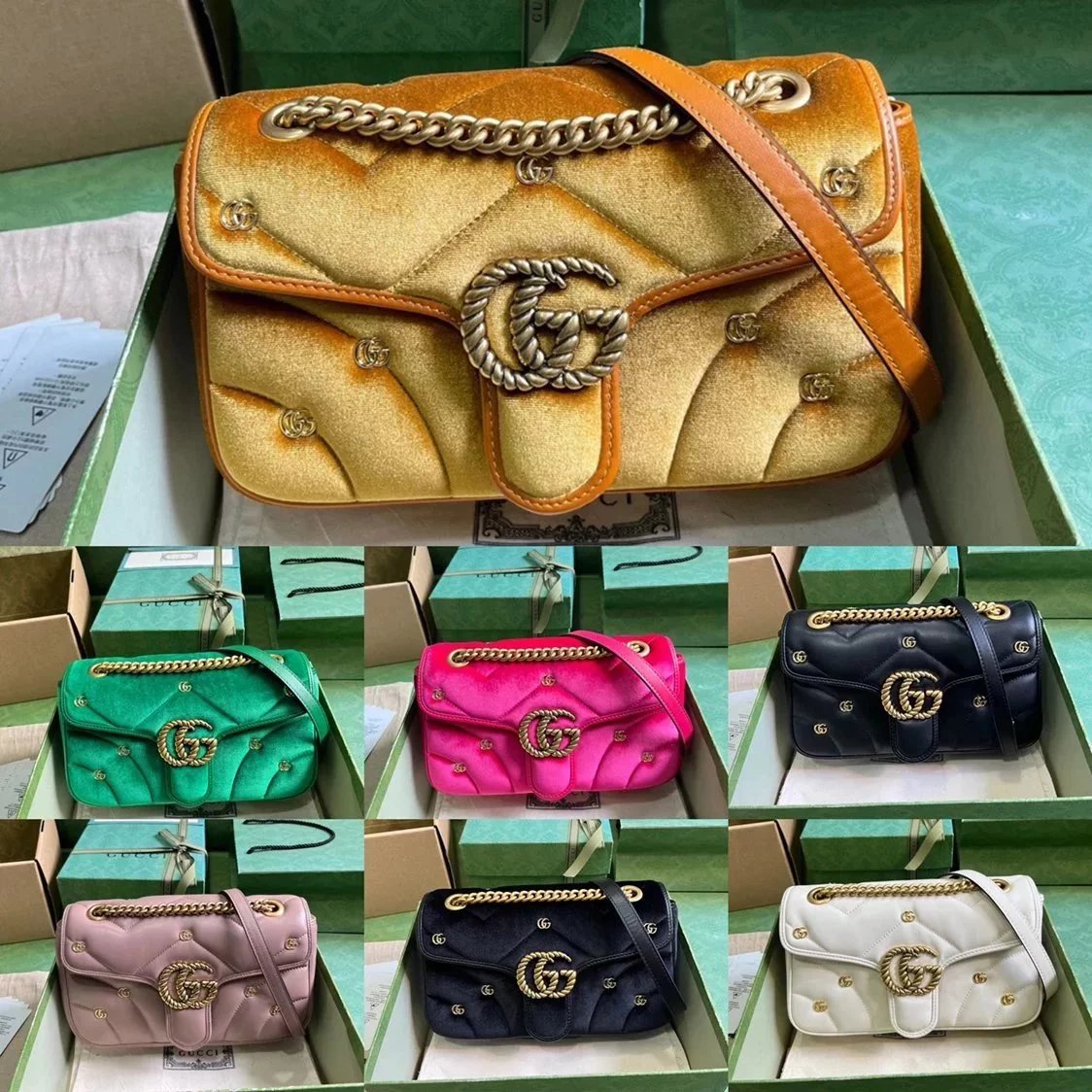 Gucci Women's Bag Top version 【**Original Cowhide】2023Autumn and Winter New Marmont Mamon Series Mini Backpack Chain Bag Medium Backpack Heart Bag Pairs G Rivet Embellished Velvet Marmon Bag Autumn and Winter Velvet Women's Bag446744443497