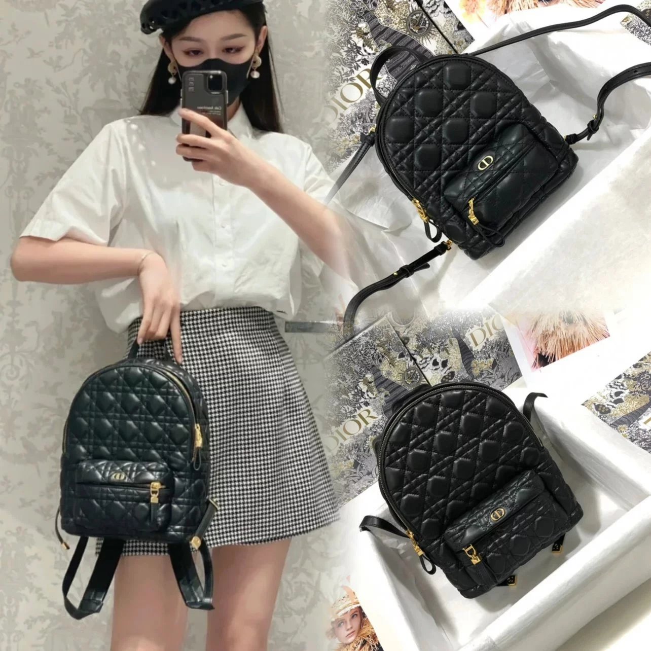 Dior Backpack Top version 【Original Order】Backpack Large and Small Sizes Diamond Quilted Backpack Black Sheep Leather Elaborate Classic Lambskin Plaid Backpack Small Bag