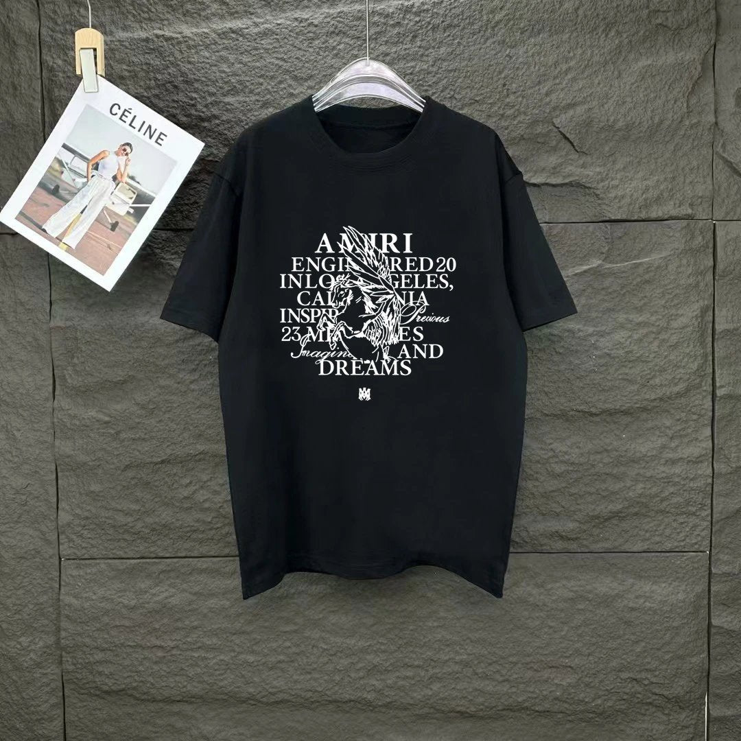 Amiri T-shirt Front Chest Direct Spray Print logo round Neck Short Sleeve25ss New pure cotton T Unisex T-Shirt OS Loose Fit Base Shirt Top Half Sleeve T-Shirt