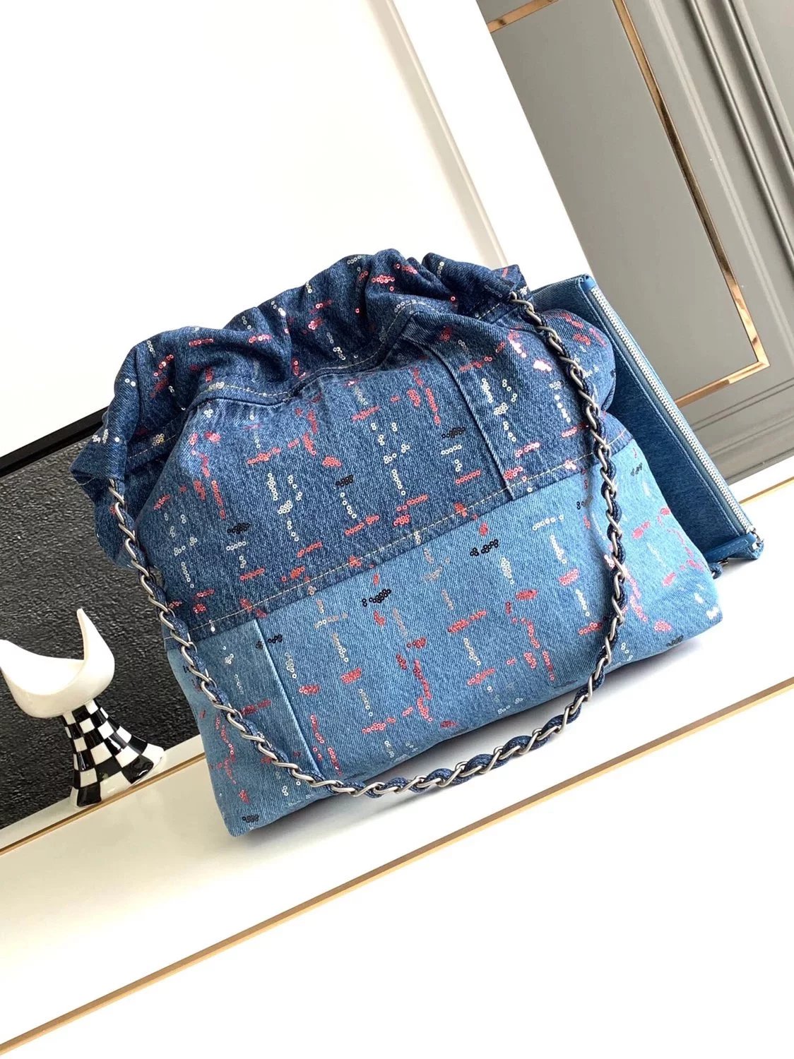 Chanel Women's Bag Top version 【Super Original Leather】l/Small23A Handmade Embroidered Sequins22bag Denim Garbage Bag Small Size Medium Size22bag Handbag New Denim Denim Garbage Pack Tote Bag Shopping Bag Bucket Bag Messenger Bag Handbag Shoulder Bag New