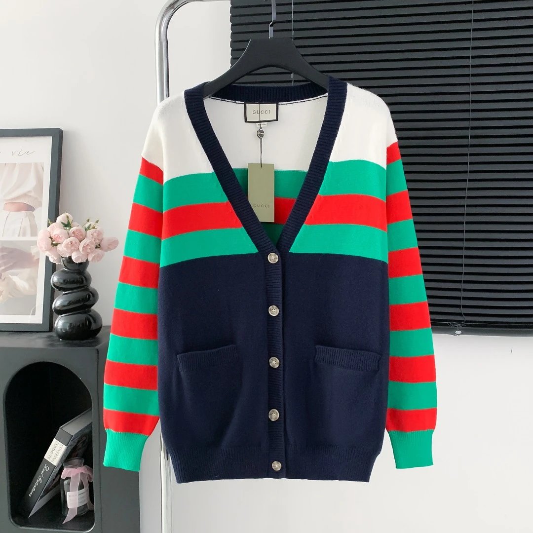 Gucci Sweater Stripes V Cardigan Sweater25ss Spring New Men's and Women's Same Style Long Sleeve Soft Lazy Style Jacket OS Loose Fit Versatile Casual