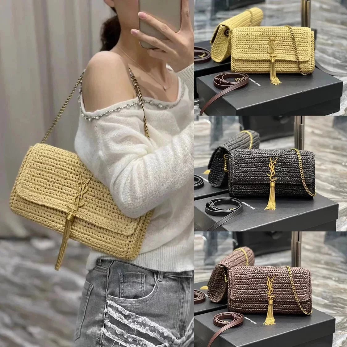 YSL Women's Bag Top version 【New Shelves】New Raffia Woven Bag kate Tassel Bag Underarm Bag Crossbody Shoulder Bag Clutch Latest Woven Bag604276