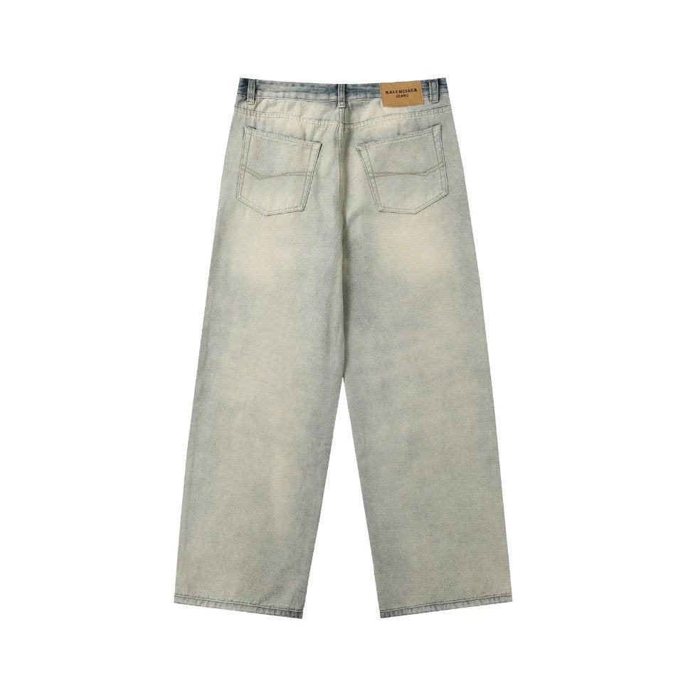 Balenciaga Jeans Full logo logo Straight Washed Blue Jeans Autumn Winter New Unisex Loose Casual Wide Leg High Waist Pants