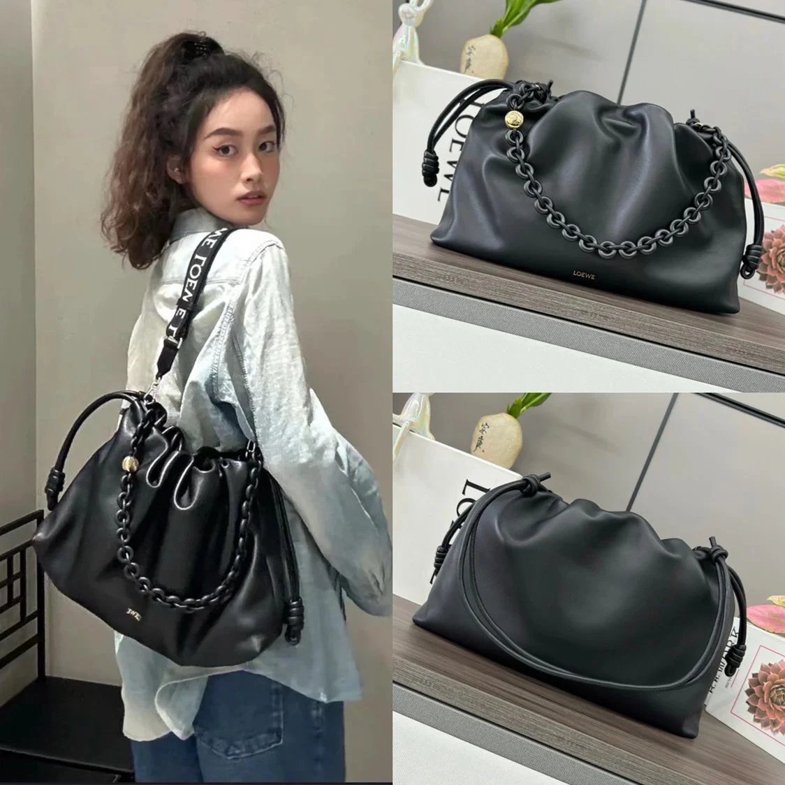 LOEWE Women's Bag Top version 【Super Original Leather Highest Version】24Autumn and Winter New Large Soft Napa Sheep Leather FlamencoPurse Lucky Bag Large Tote Bag Men's and Women's Bags FlamencoPurse Large Clutch with Same Color Donut Chain