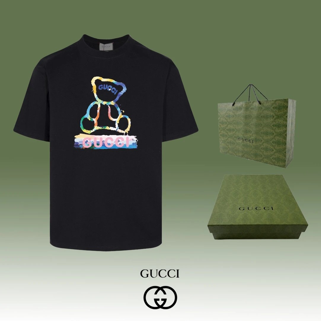 Gucci T-shirt Colorful Letter Bear Print on Chest logo round Neck Short Sleeve25ss New Pure Cotton Unisex Style T T-shirt OS Loose Fit Base Shirt Half Sleeve T-Shirt Top Half Sleeve