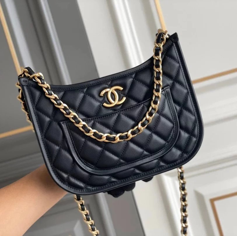 Chanel Women's Bag Top version 【Premium Genuine Goods Original Platinum Edition】24S Hot Hobo Crossbody Hippie Bag Original Factory Haas Calfskin Horizontal Version Hippie Bag Vertical Version Hippie Bag hobo Women's Bag Underarm Bag24s New Evlin Denim Den