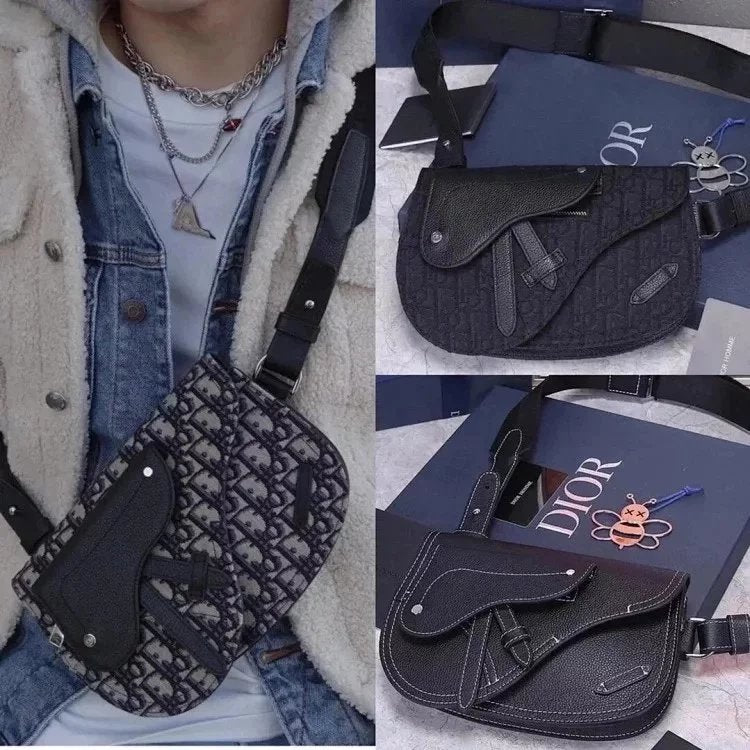 Dior Men's Bag Top version 【Version Original Leather】Gift for Personal Use with Counter Packaging Handbag Saddle Canvas Black with Old Flowers Calfskin Saddle Bag Shoulder Messenger Bag Waist Bag Chest Bag Bag Men's and Women's Bags