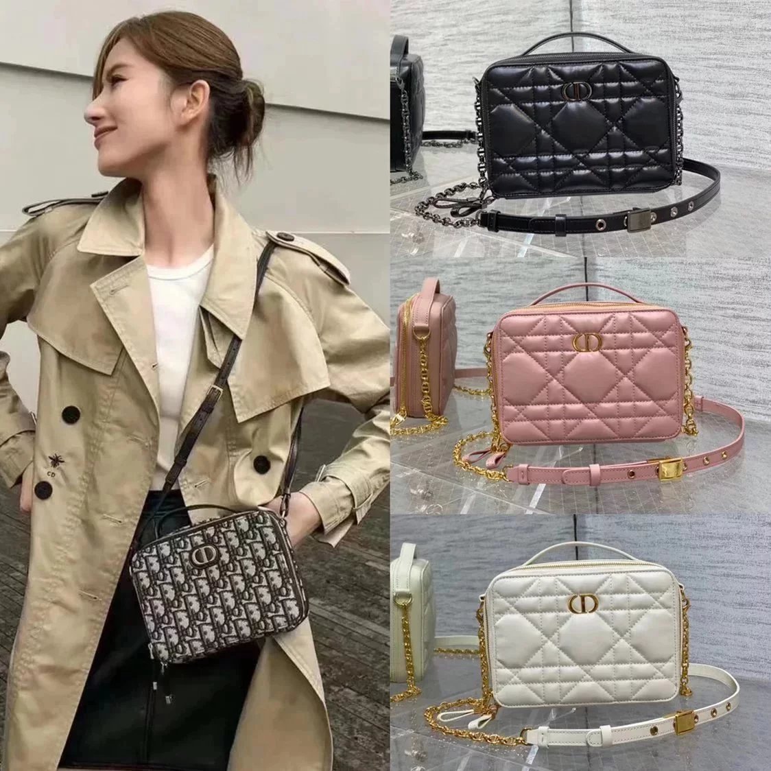 Dior Women's Bag Top version 【Original Version】New Ladies Caro Camera Bag Diamond Plaid Sheepskin Chain Bag Portable Box Bag French Travel Bag