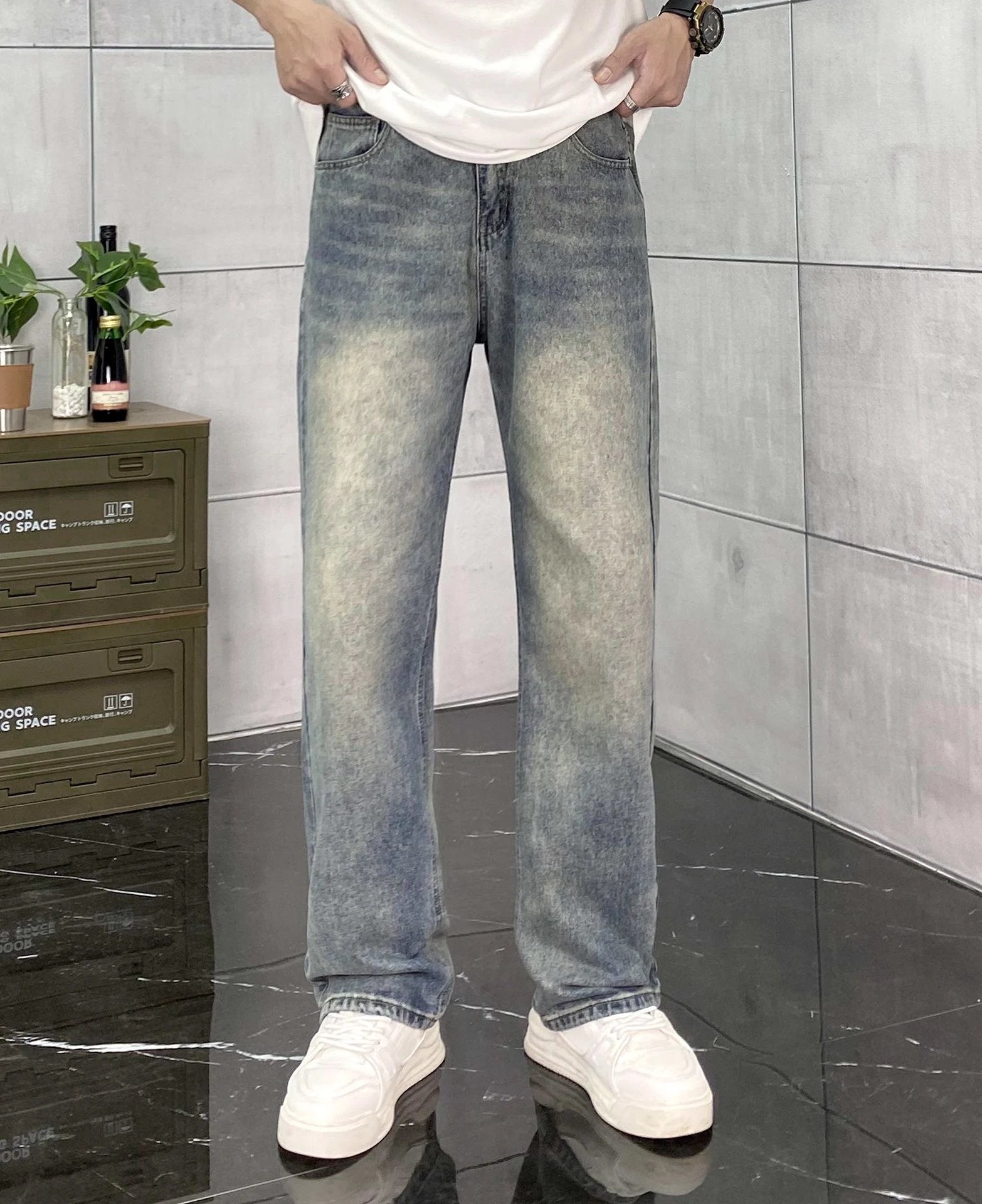 Balenciaga Jeans Double Waistband B Leather tag logo Straight Washed Blue Jeans Autumn Winter New Unisex Straight Long Pants Loose Casual Wide Leg High Waist