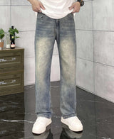 Balenciaga Jeans Double Waistband B Leather tag logo Straight Washed Blue Jeans Autumn Winter New Unisex Straight Long Pants Loose Casual Wide Leg High Waist