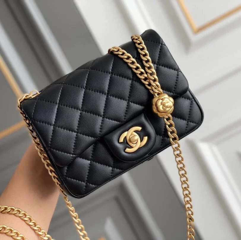 Chanel Women's Bag Top version Surrogate Shopping Version Handmade Workshop New23P Camellia Adjustable Buckle Golden Balls Square Fat Man CF Flap Bag Chain Bag Lamb Leather Bag Camellia Metal Beads Chain Bag23ss Wind Camellia Series Flap Bag Summer Hot Sa