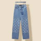 Louis Vuitton LV Jeans New Patchwork Series Monogram Signature Straight Washed Blue Jeans Autumn Winter New Unisex Loose Casual Wide Leg High Waist Pants