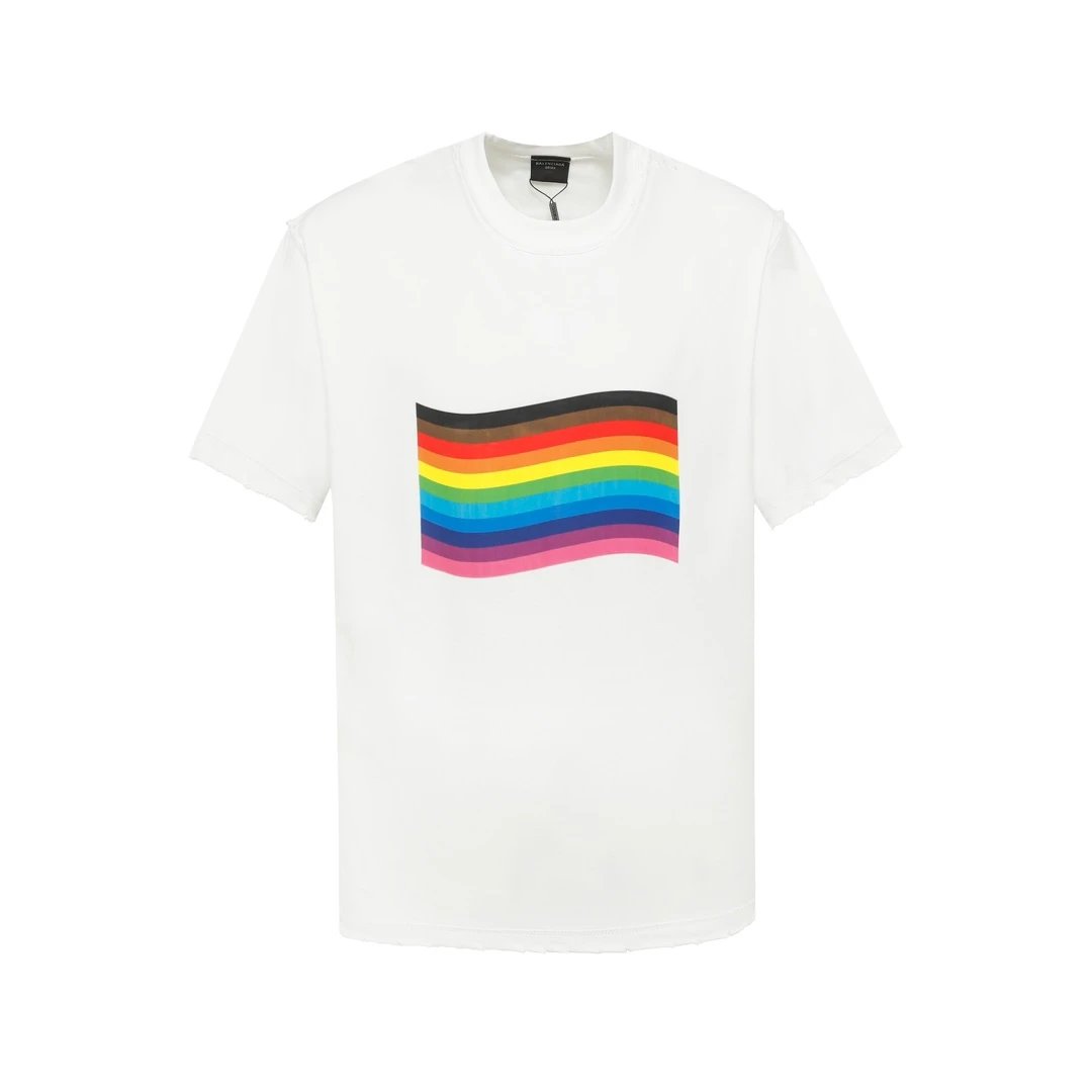 Balenciaga T-shirt Rainbow Colorful Print logo Distressed Crew Neck Short Sleeve25ss New pure cotton T Unisex T-Shirt OS Loose Fit Base Shirt Top T-Shirt Short Sleeve