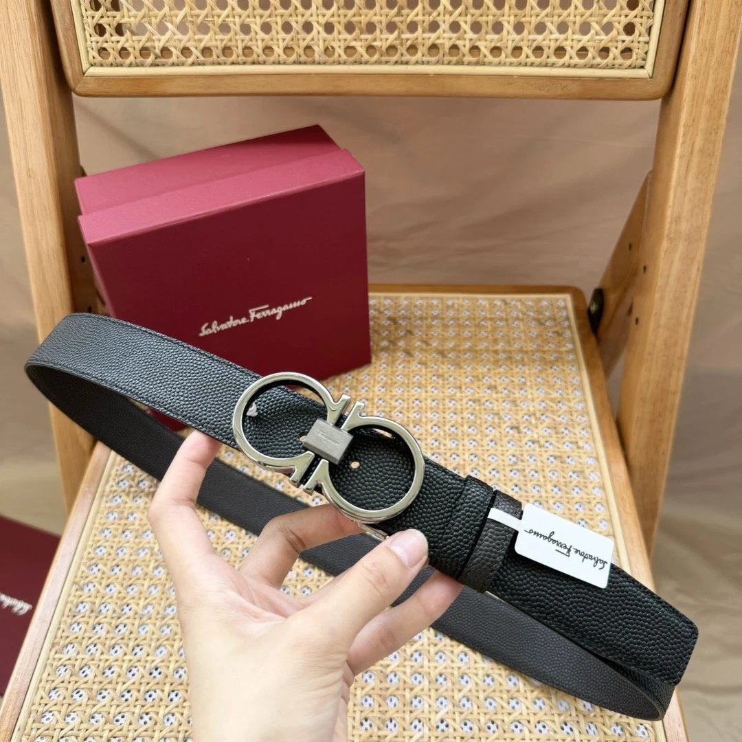 Ferragamo Belt Top version 【Special Cabinet Full Package】Height Original Order Men's Leather Belt Width3.5cm Quality Counter Full Set of Packaging Tape Chips Boutique Gancini Brass Buckle Selected First Layer Cowhide Black with Brown Double-Sided Availabl