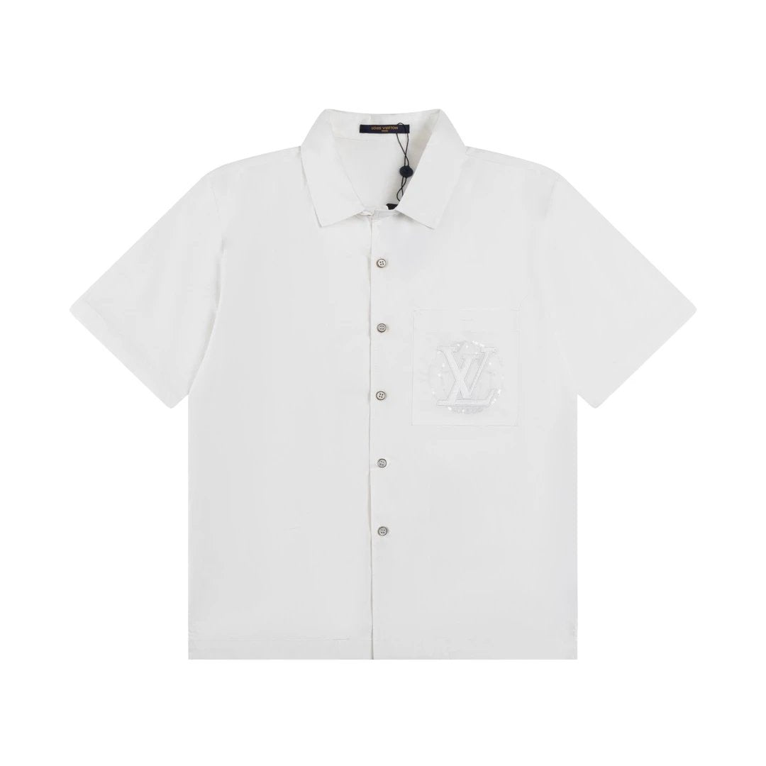 Louis Vuitton LV Shirt Pocket Sequin Embroidery logo Shijia Turn-down Collar Short Sleeve Shirt Versatile Business Unisex Casual Slim Fit Jacket
