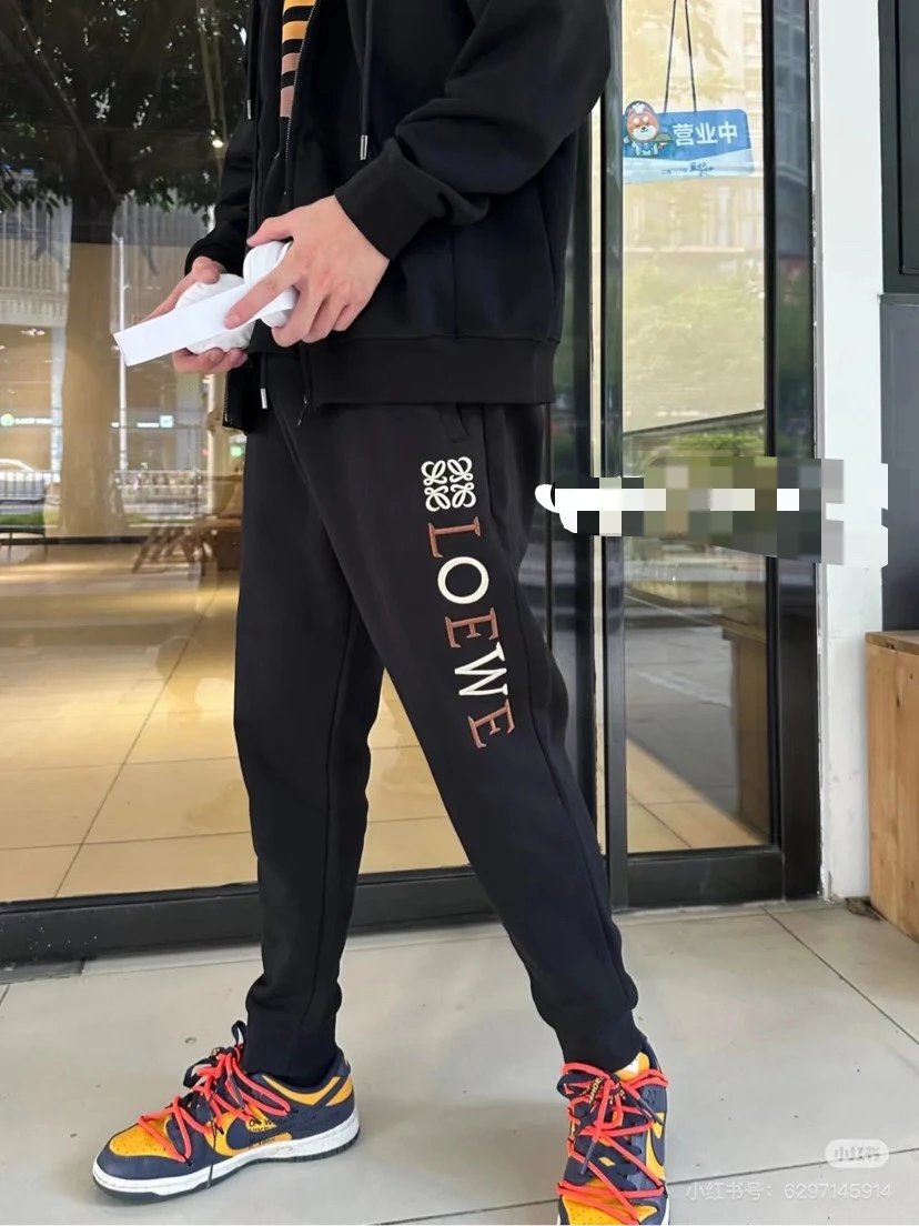 LOEWE Sweatpants Embroidery logo Drawstring Jogger Sweatpants for Men and Women, Autumn and Winter Loose Fit, High Waist, Color Block, Plus Size, Casual Pants
