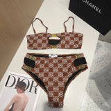 LOEWE Swimsuit Checkerboard Two-Piece Bikini Swimsuit Sexy Small Chest Gathered Beach Pool Vacation Hot Spring Backless White Women's Swimwear