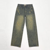 Gucci Jeans Ripped Waistband Patch logo Straight Washed Blue Jeans Autumn Winter New Unisex Loose Casual Wide Leg High Waist Pants