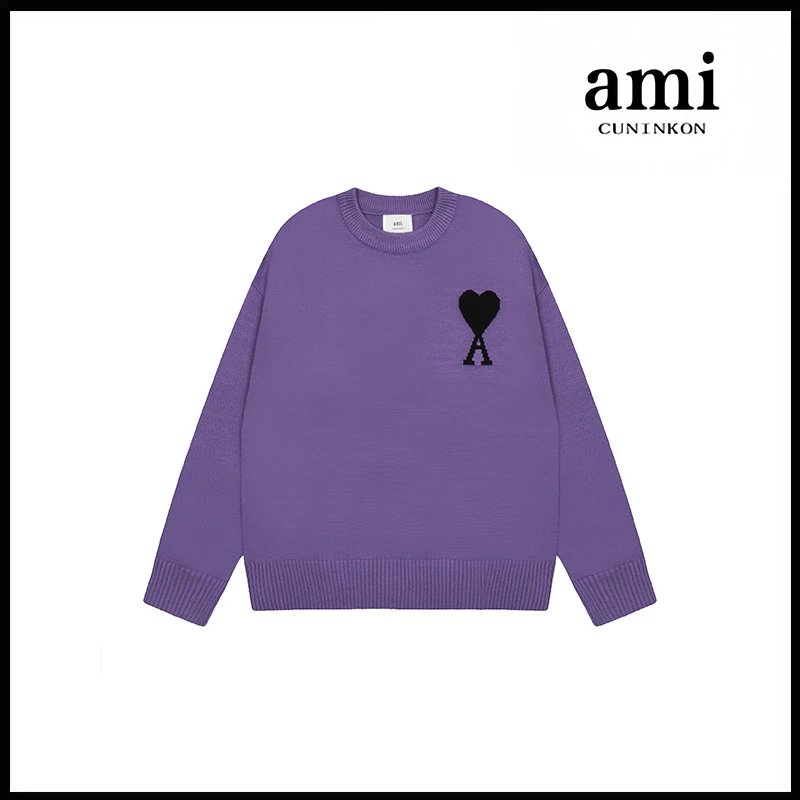 Ami Sweater Knitwear Classic round Neck Big Heart Jacquard Pullover Sweater Loose and Idle Sense Casual Couple Outfit-CY
