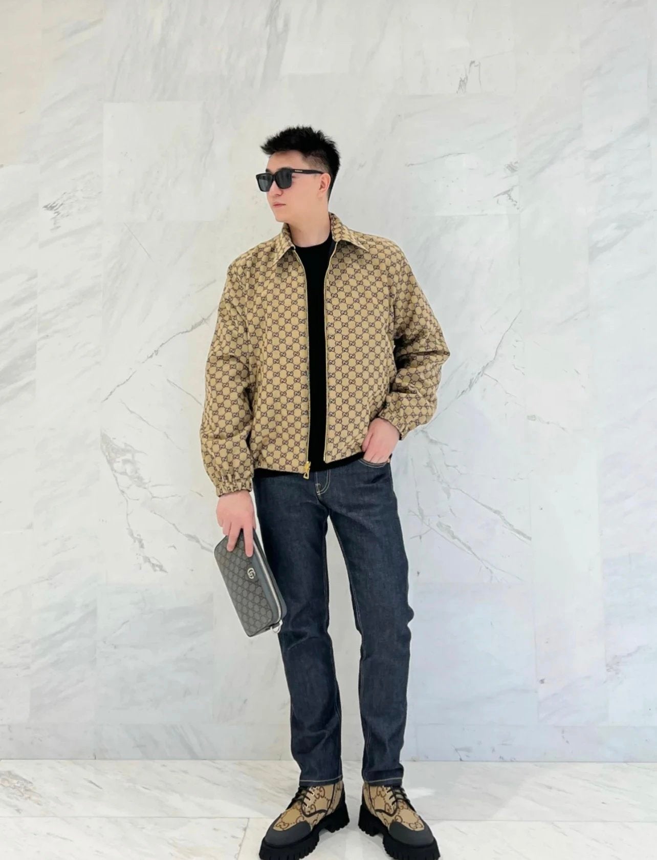 Gucci Jackets 24FW Double G Navy Blue Small Jacquard Reversible Turn-down Collar Jacket Coat Unisex