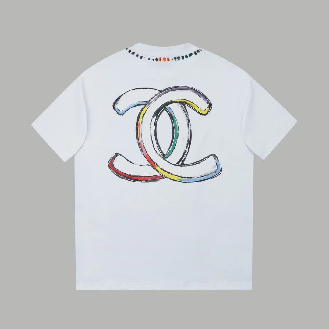 Chanel T-shirt Large Back Double C Letter Printing logo round Neck Short Sleeve25ss New Pure Cotton Unisex Style T Casual T-Shirt Base Layer Shirt OS Loose Fit Half Sleeve Top Plus Size