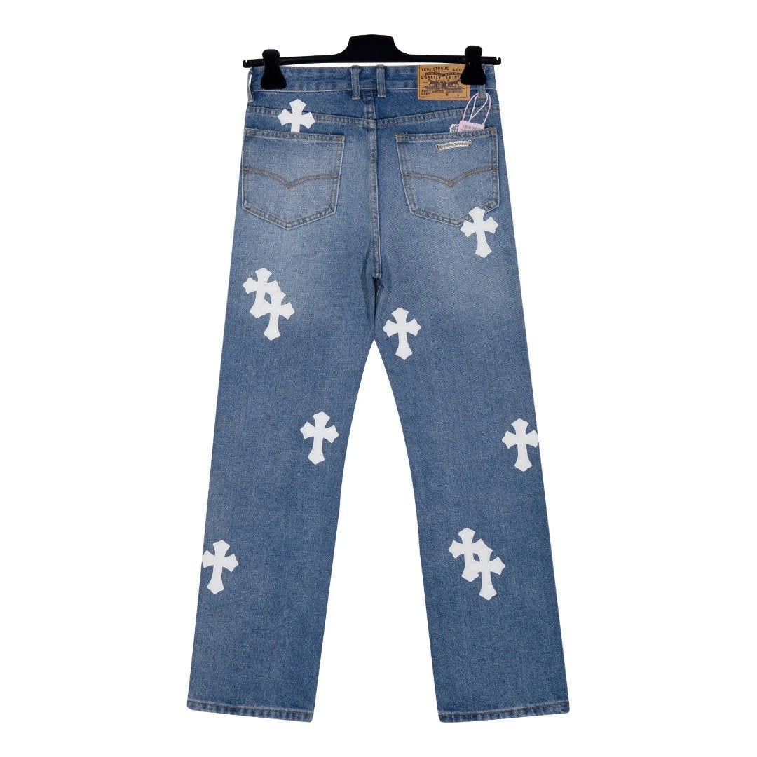 Chrome Hearts Jeans Splicing Leather logo25ss Spring Summer New Straight Slim Fit Jeans Unisex Loose Fit Long Pants
