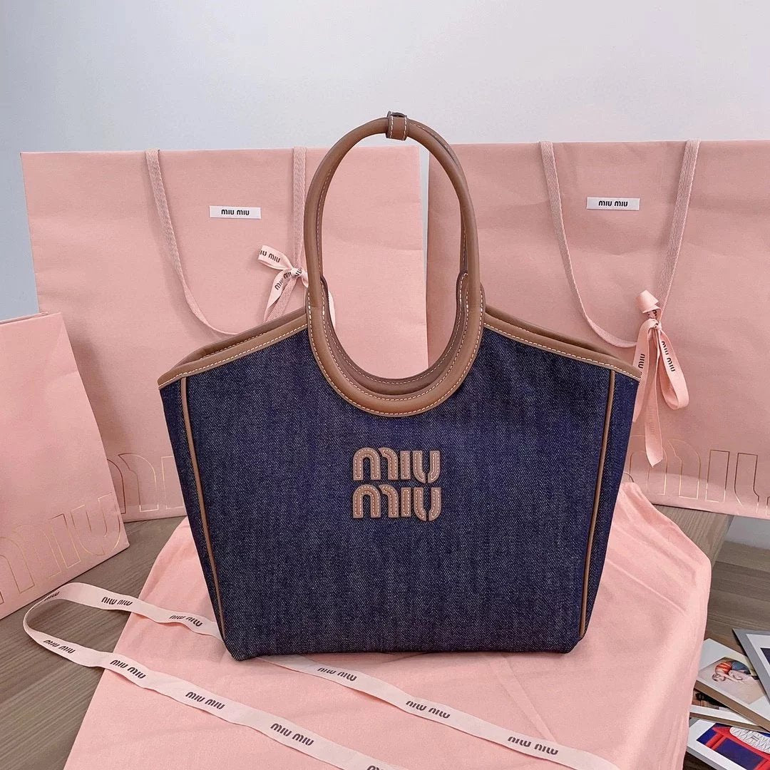 Miu Miu Bag Top version 【】New Isidan Limited Tote Bag Denim Shoulder Bag Underarm Bag Handbag Women's Bag5BG276