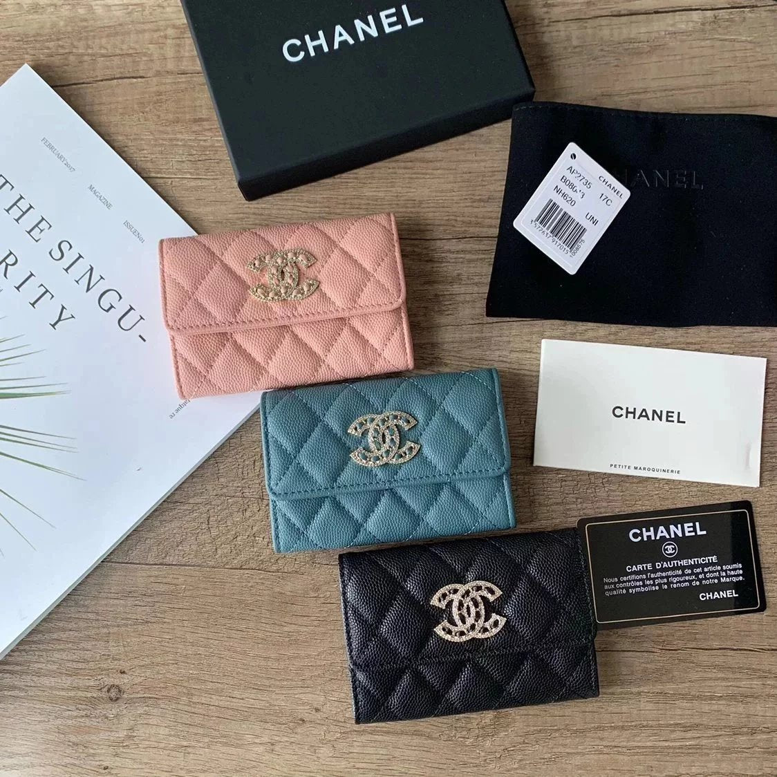 Chanel Wallet Top version 【Original Leather】Small2022s New Wallet with Diamond Cowhide Caviar Card Holder Coin Purse Women's Short Wallet Wallet Double c Diamond logoAP2735