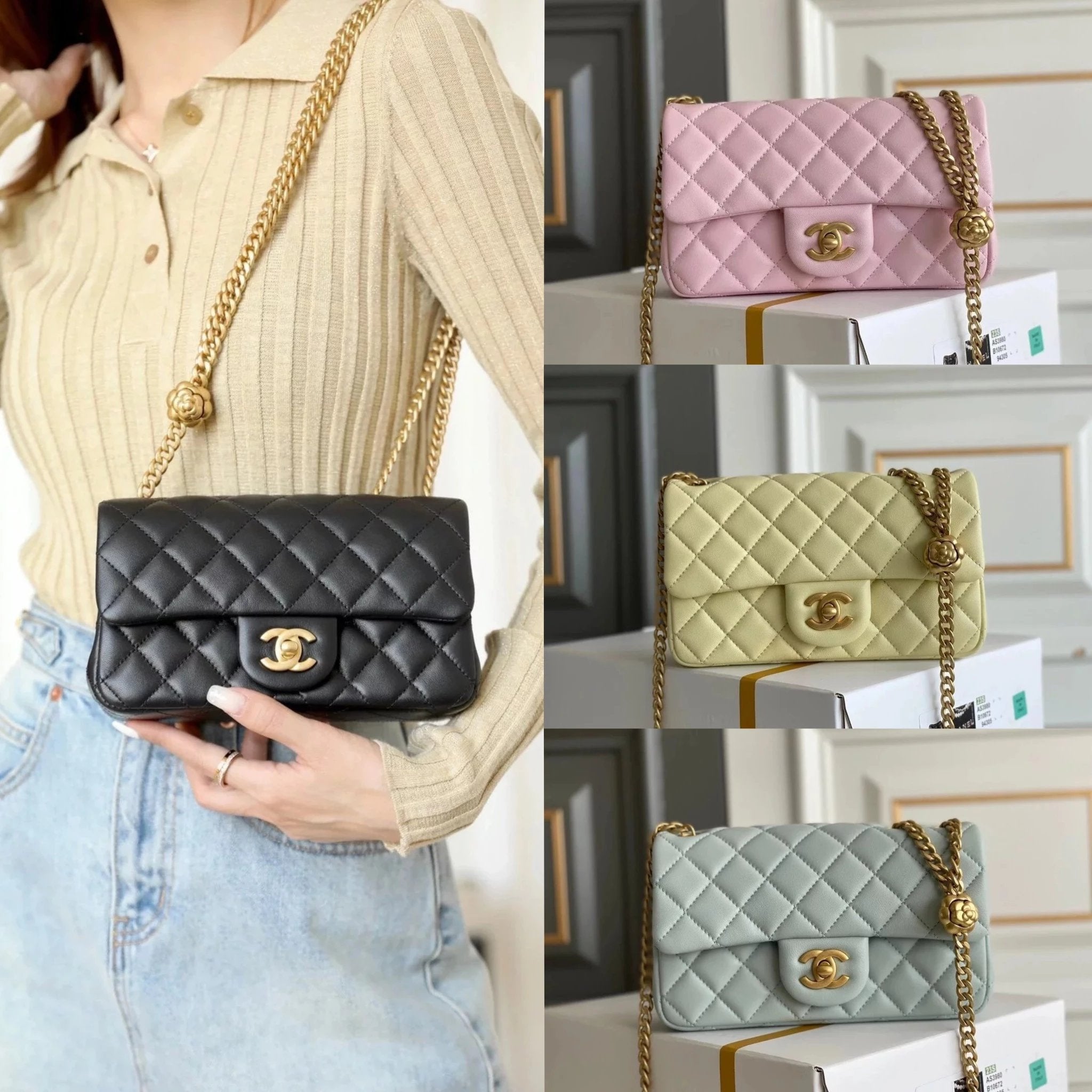 Chanel Women's Bag Top version Surrogate Shopping Version Handmade Workshop New23P Camellia Adjustable Buckle Golden Balls Square Fat Man CF Flap Bag Chain Bag Lamb Leather Bag Camellia Metal Beads Chain Bag23ss Wind Camellia Series Flap Bag Summer Hot Sa