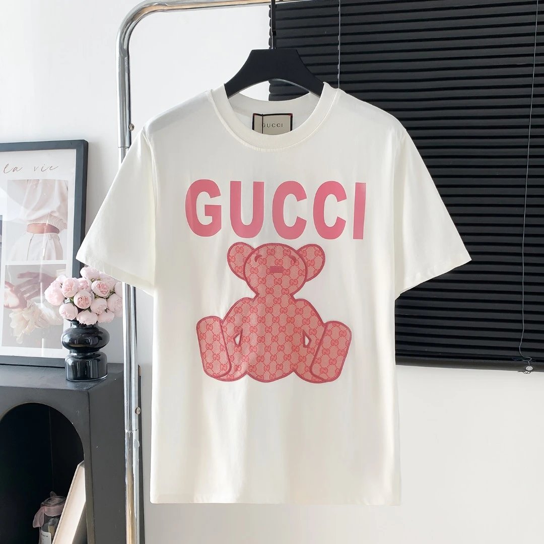 Gucci T-shirt Bear Embroidery on the Chest logo round Neck Short Sleeve25ss New Pure Cotton Unisex Style T T-shirt OS Loose Fit Base Shirt Half Sleeve T-Shirt Top Half Sleeve