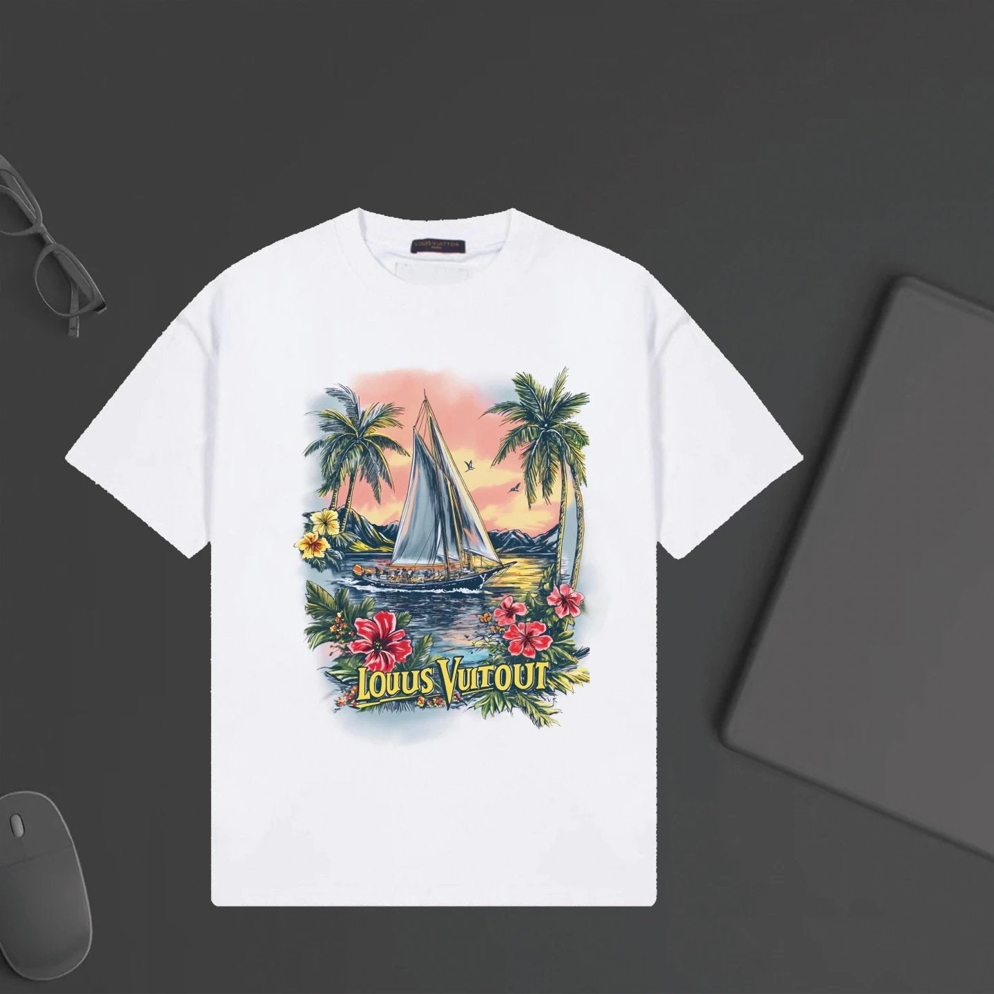 Louis Vuitton LV T-shirt Chest Sailboat Landscape Print logo round Neck Short Sleeve25ss New Pure Cotton Unisex Style T T-shirt OS Loose Fit Base Shirt Half Sleeve T-Shirt Top Half Sleeve