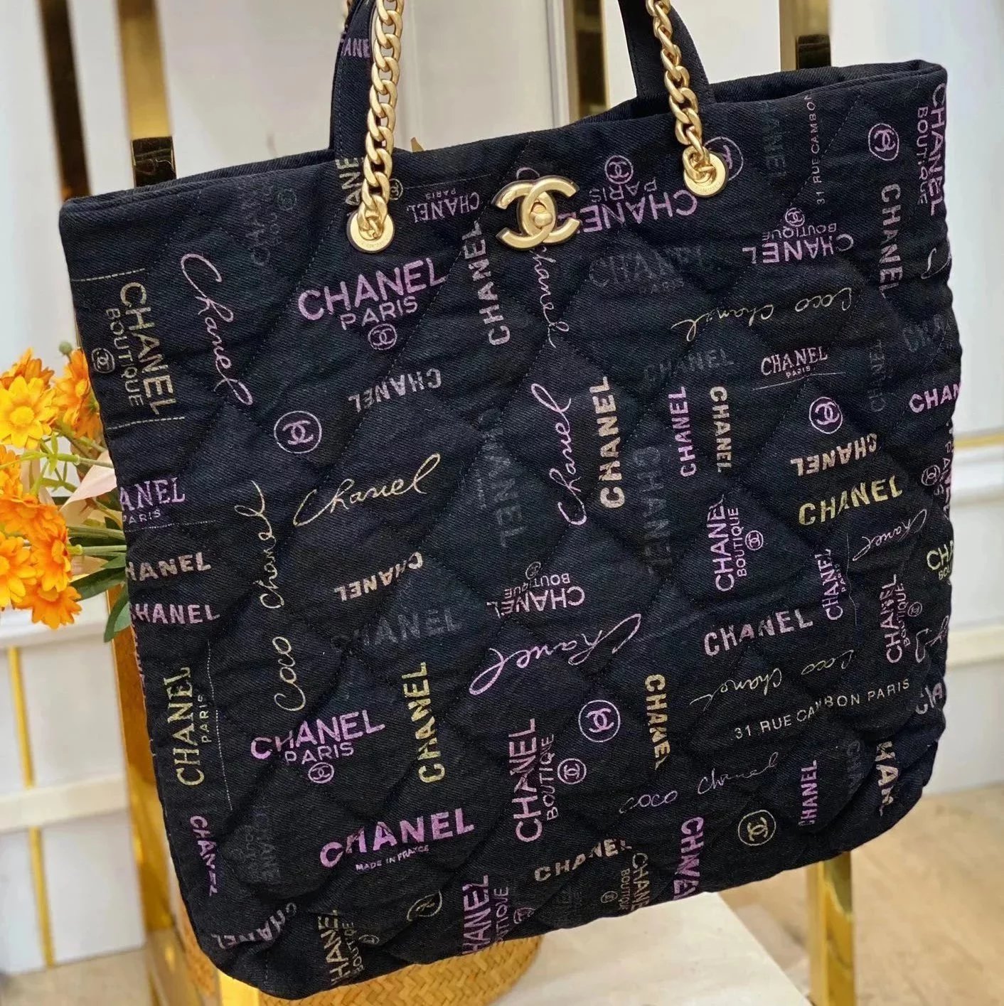 Chanel Women's Bag Top version 【Original Surrogate Shopping】2022Spring and Summer New Product Series22p Spring and Summer New Denim tote Tote Bag maxi Shopping Bag, a Graffiti Denim Denim totebag Women's Bag Mummy Bag Large Capacity Bag