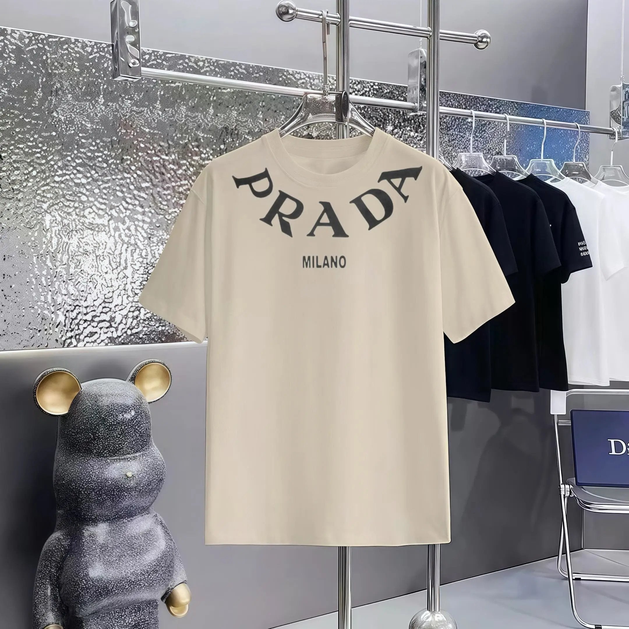 PRADA T-shirt Chest Arc-Shaped Brand Print logo round Neck Short Sleeve25ss New pure cotton T Unisex T-Shirt OS Drop Shoulder Loose Fit Base Shirt Top T-Shirt Short Sleeve