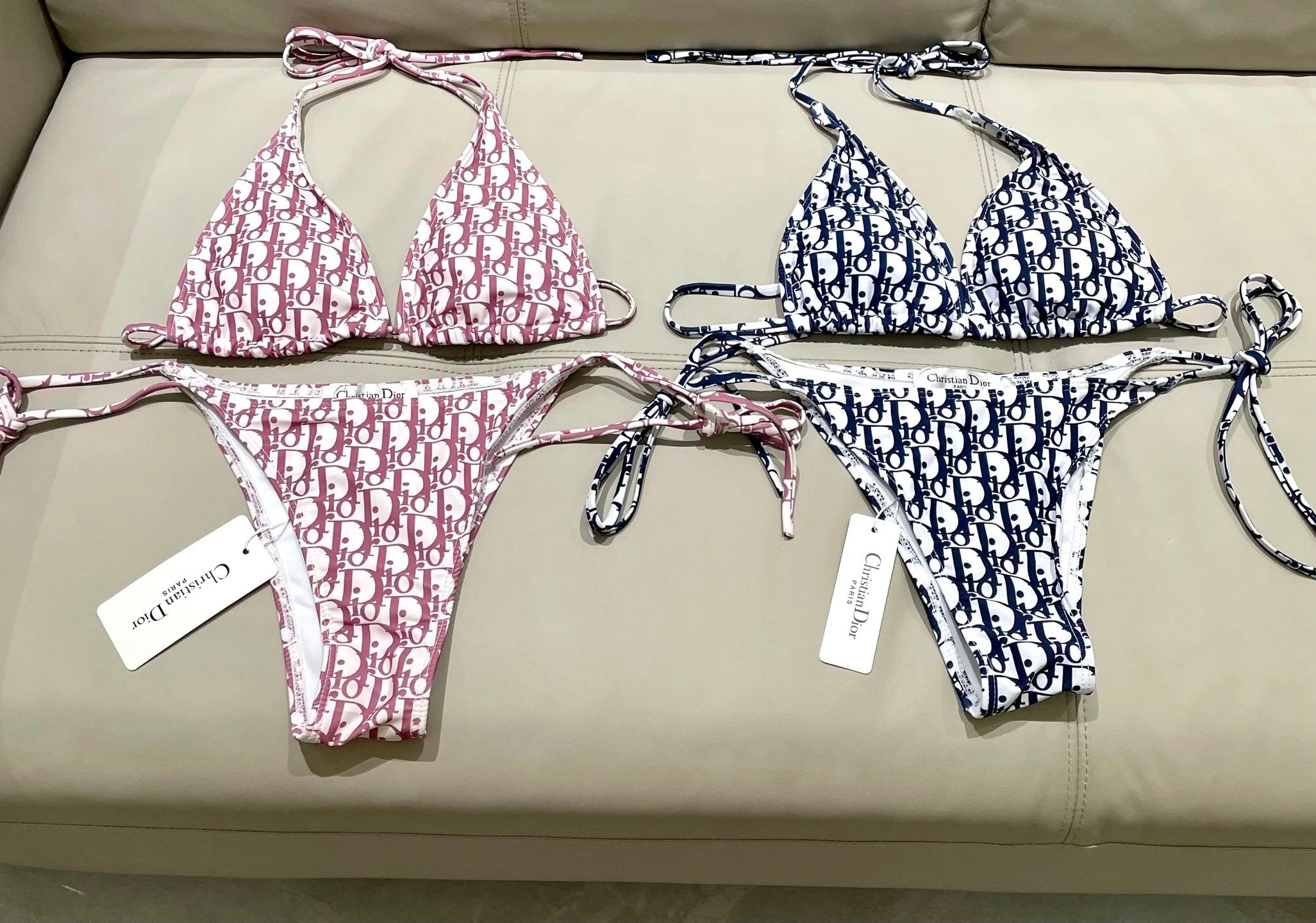 Dior Swimsuit Full Print Jacquard Bikini Two-Piece Swimsuit Sexy Small Chest Gathered Beach Pool Backless White Women's Swimwear Vacation Hot Spring