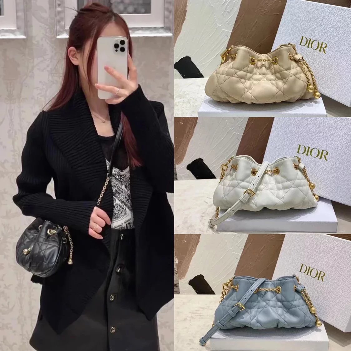 Dior Women's Bag Top version 【Version】Level Surrogate Shopping2023Summer New Ladies ammi Small Golden Beads Steamed Pork Dumplings Bag Small Golden Balls Sheepskin Handbag Women's Bag Cloud Bag Steamed Pork Dumplings Bag Shoulder Messenger Bag Clutch Bag