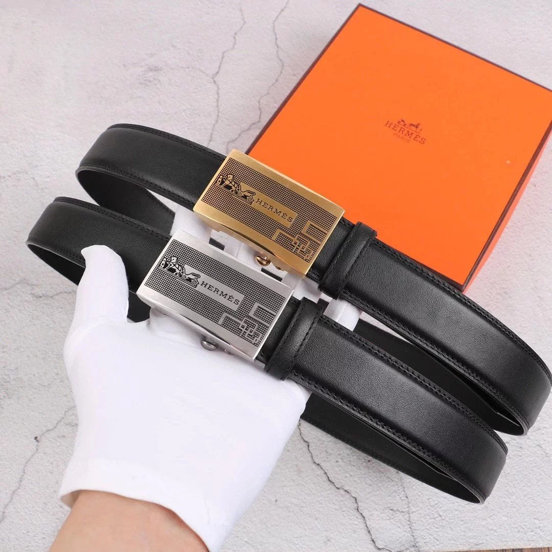 Hermes Belt Top version Exclusive Real Shot High Quality Double-Sided Imported First Layer Cowhide Belt Men's Belt Genuine Leather Stainless Steel Automatic Buckle3.5Centimeter Wide
