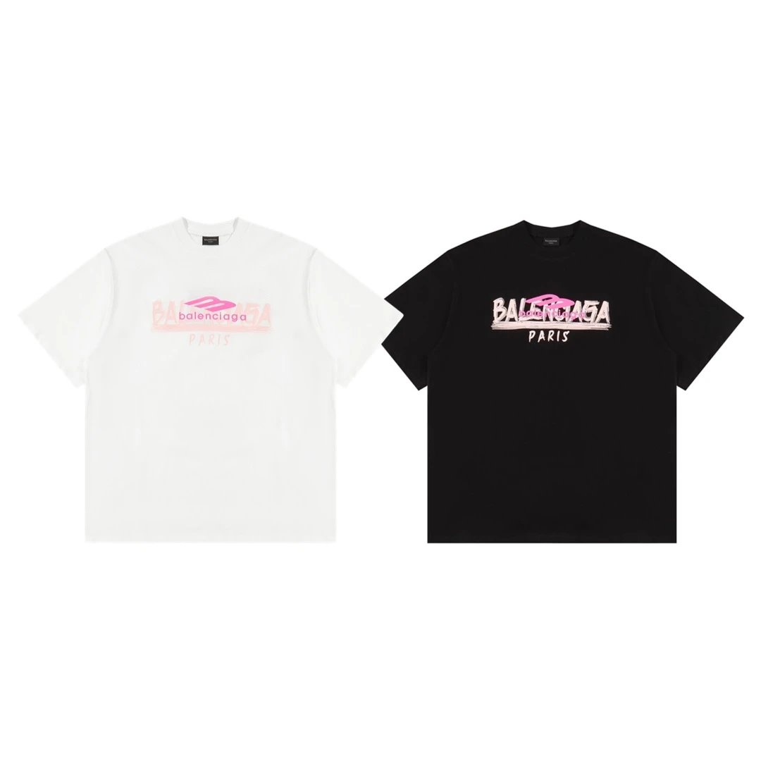 Balenciaga T-shirt Pink double print on the chest logo round Neck Short Sleeve25ss New pure cotton T Unisex T-Shirt OS Loose Fit Base Shirt Top Half Sleeve T-Shirt