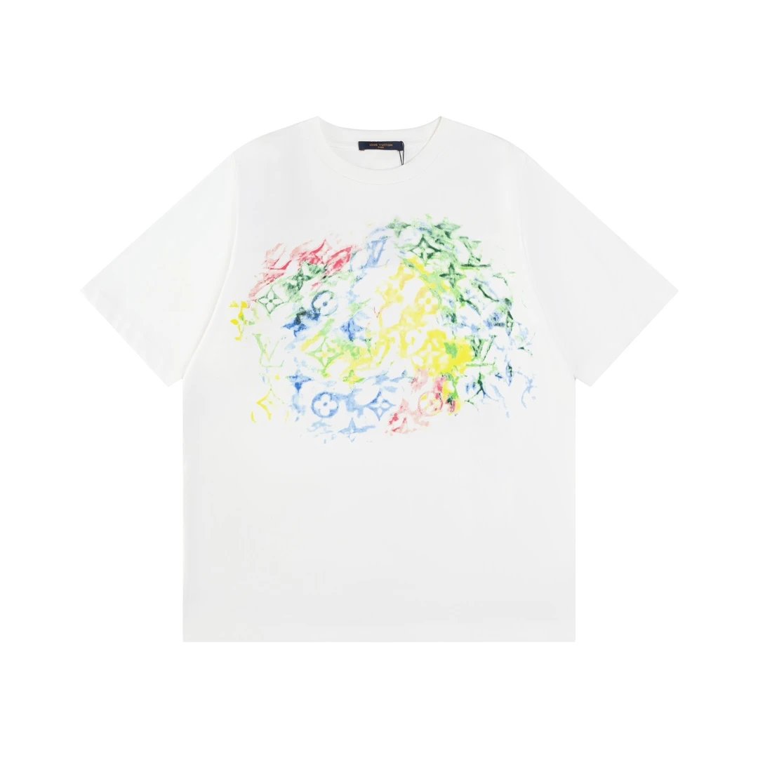 Louis Vuitton LV T-shirt Colorful Crayon Print on the Chest logo round Neck Short Sleeve25ss New Pure Cotton Unisex Style T T-shirt OS Loose Fit Base Shirt Half Sleeve T-Shirt Top Half Sleeve