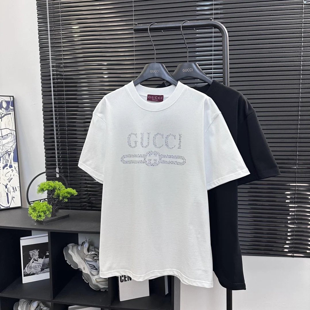 Gucci T-shirt Classic Letter Rhinestone logo round Neck Short Sleeve25ss New pure cotton T Unisex T-Shirt OS Loose Fit Base Shirt Top T-Shirt Short Sleeve