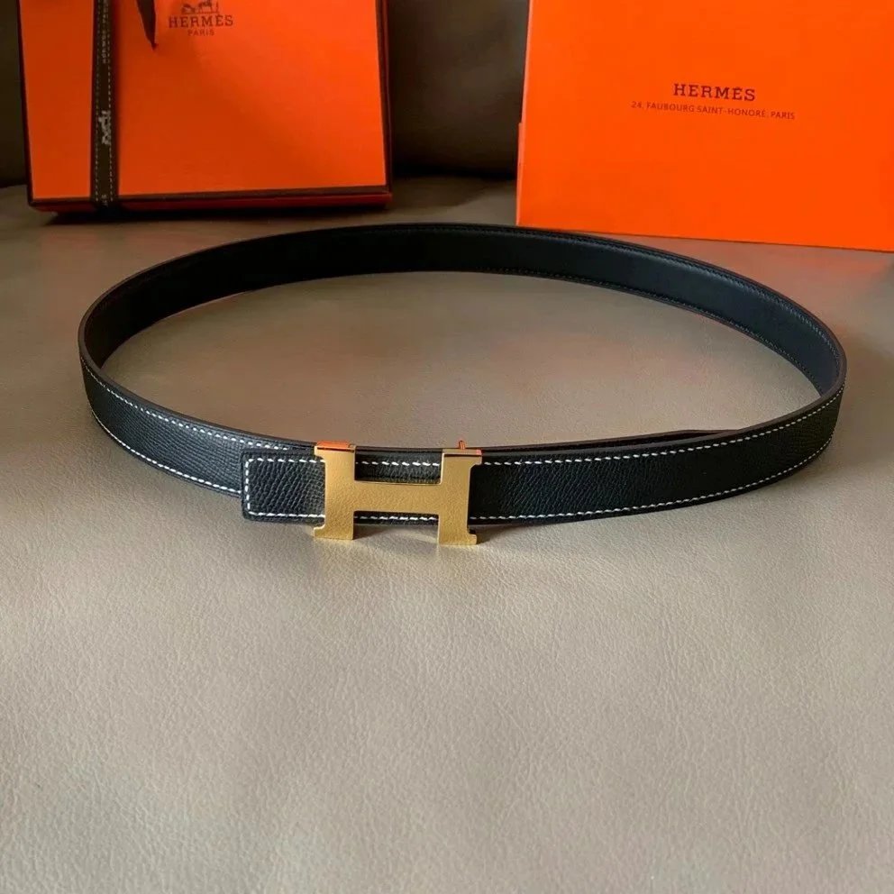 Hermes Belt Top version High Quality Women's Belt First Layer Calfskin Double-Sided Letters h Buckle Casual All-Match Belt2.4cm
